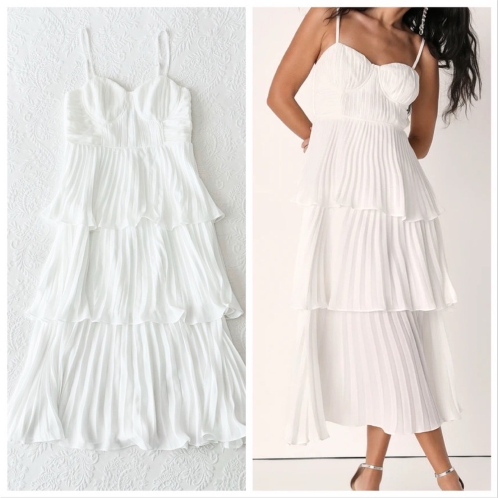 NWOT Lulus Cascading Crush White Tiered Bustier Midi Dress Medium